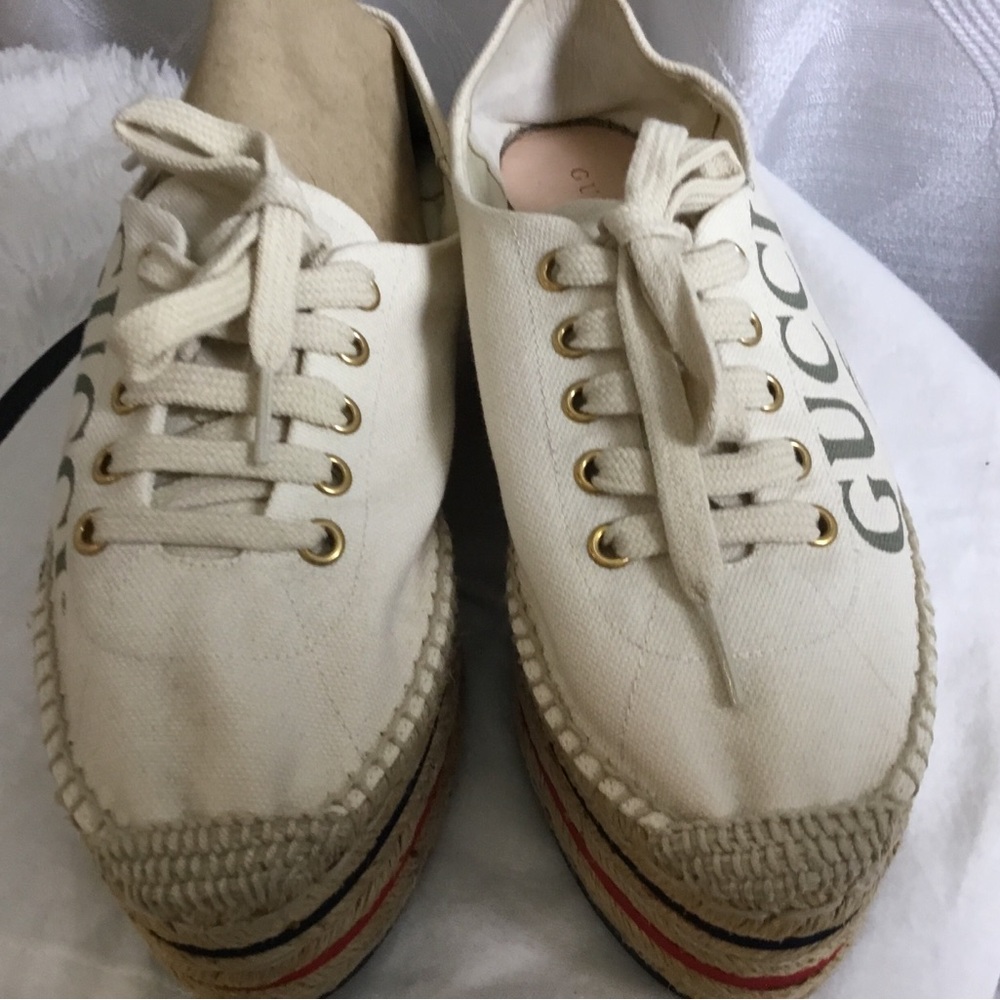 Gucci Cream Canvas Platform Espadrille Sneakers with Web Stripe - Picture 13 of 15